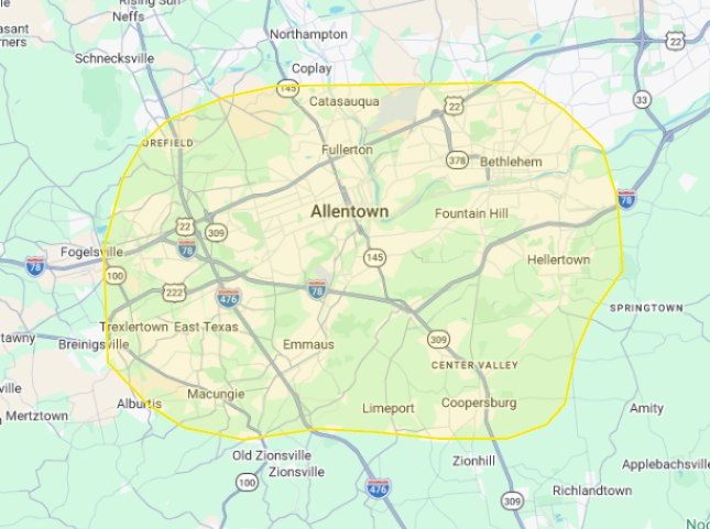 Map highlighting Allentown and the greater Lehigh Valley service area